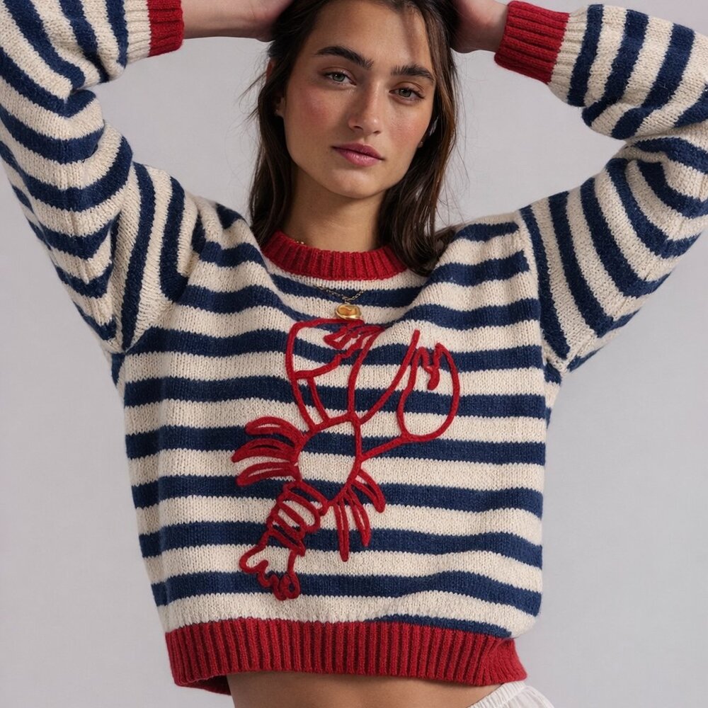 Cider Navy & Cream Striped Sweater with Red Lobster Accent